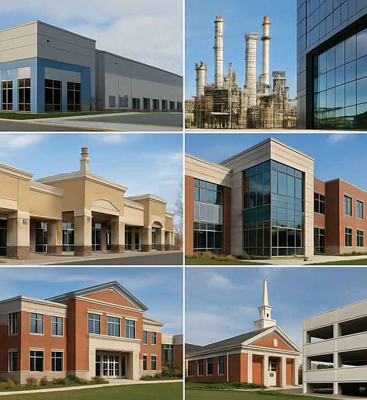 different types of constructed buildings like warehouse, industrial chimney roof, school, mall, church and a residential home